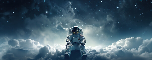 Fototapeta premium An astronaut rests on soft clouds under a bright blue sky with sparkling stars, capturing a serene cosmic moment