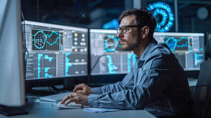 Data Analyst Working on Digital Tablet with Futuristic Interface
