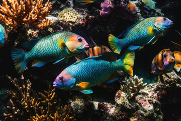 A vibrant school of parrotfish grazes on coral in a bustling, colorful reef.