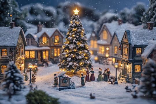 A snowy village with Christmas lights and carolers singing joyfully.