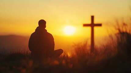 Silhouette of a man sitting in front of a cross at sunset
