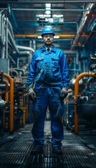 Fototapeta premium Factory worker in blue safety gear among machinery with dynamic lighting for a compelling image