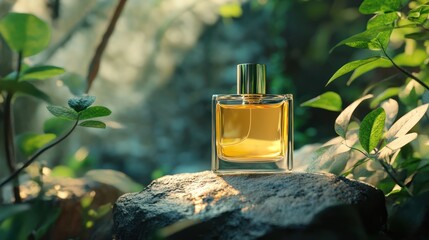 Perfume bottle sitting on a rock near green trees