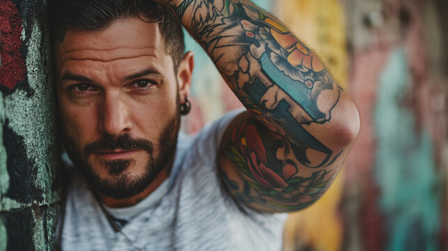 A man with a tattooed arm holds it high, revealing the detailed and expressive pattern of the tattoos.