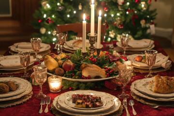 Fototapeta premium A festive dinner table with holiday food, candles, and decorations.