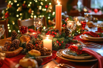 A festive dinner table with holiday food, candles, and decorations.