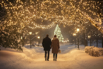 A couple walking in a snow-covered park under Christmas lights.
