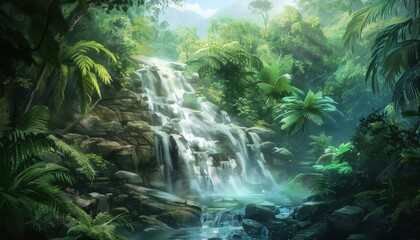 A serene waterfall cascades over rocks in a lush tropical jungle, showcasing the tranquility of nature at midday