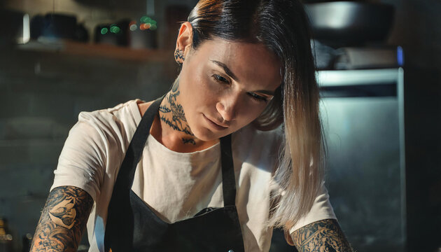 A young tattooed chef works in a modern kitchen. 