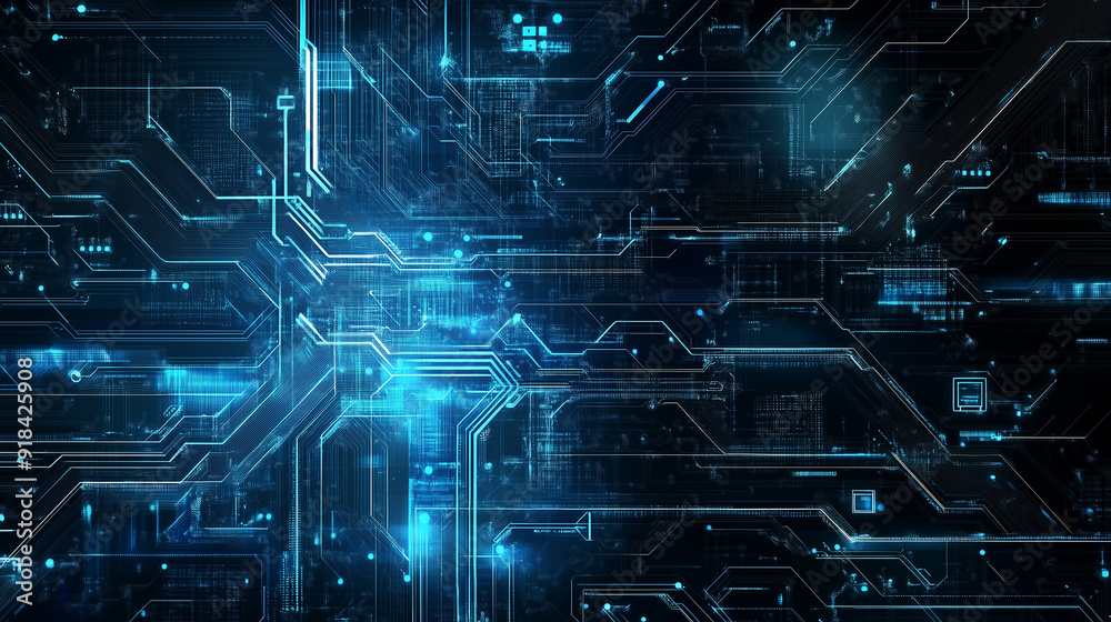 Fototapete futuristic computer technology background. the dark background is decorated with digital circuits an