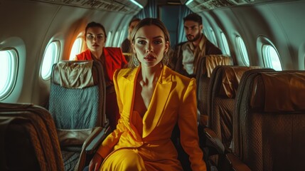 Fototapeta premium Airplane crew leads woman in yellow clothes inside of a plane