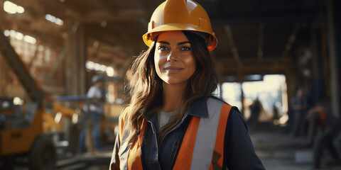 Young female engineer is smiling on a construction site, wearing a hard hat and safety vest. Labor day. Banner