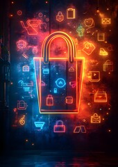 Vibrant Cyber Monday banner with neon lights, digital shopping icons, and a futuristic color palette, perfect for high-energy online sale promotions.