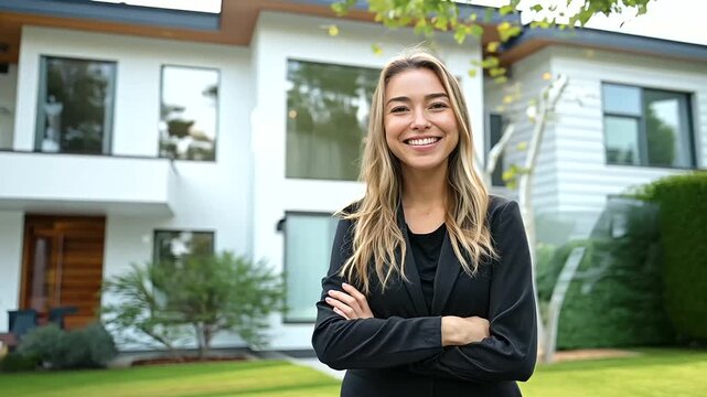 Confident American woman real estate agent stands proudly outside a stunning modern home, ready to assist potential house buyers with her professional expertise