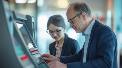 A bank employee is helping a customer complete a transaction at an ATM or automated teller machine.