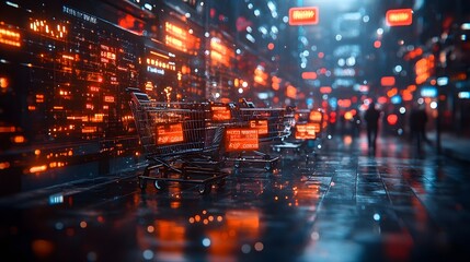 Obraz premium Digital shopping theme for Cyber Monday featuring floating shopping carts, discount tags, and a futuristic color scheme, designed for eye-catching online promotions.