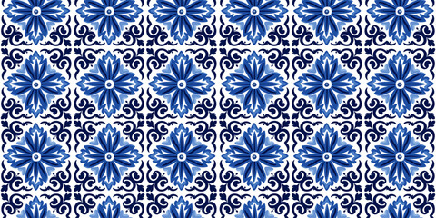 Fototapeta premium Seamless pattern with blue white azulejo Portuguese ceramic traditional tiles. Vector illustration