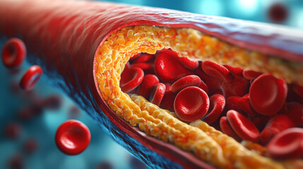 Detailed 3D illustration showing cholesterol plaque buildup inside an artery with red blood cells, highlighting cardiovascular health issues