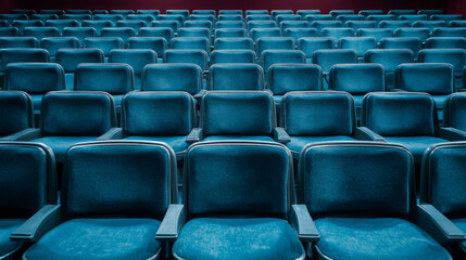 Rows of empty blue seats in an auditorium or theater, creating a sense of anticipation for an event or performance