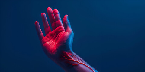 Obraz premium Glowing Hand with Visible Veins in Blue Light: Futuristic Biometric Technology and Human Anatomy Visualization for Medical Science and Tech Innovations