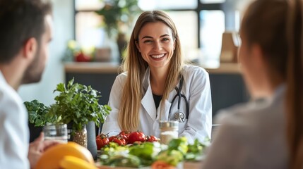 A nutritionist counsels clients on healthy food choices in a relaxed office environment.