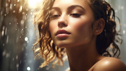 Fototapeta premium Beautiful woman with perfect skin relaxing under the shower.