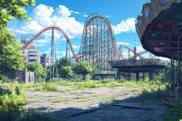 Fototapeta premium Deserted Amusement Park: An Anime-Style Illustration of Silent Roller Coasters and Carousels Amidst Overgrown Weeds,Abstract concepts, game concept art, storybook illustrations, comic strips