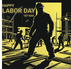 A poster for the day of labor day with a man walking in front of them. Labor Day 3D Effect Typography