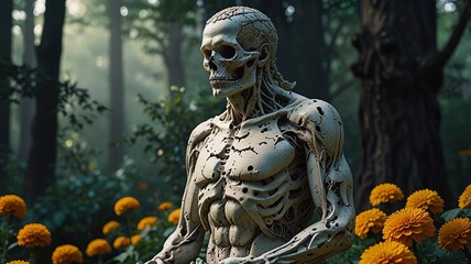 Obraz premium Free New highly detailed and surrealistic digital art piece of a statue with flower face integrated with nature ai art list .