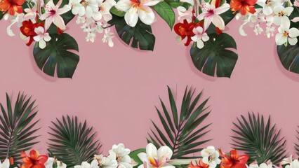 Exotic flowers and leaves on a pink background, meto for text, floral wallpaper, floral pattern