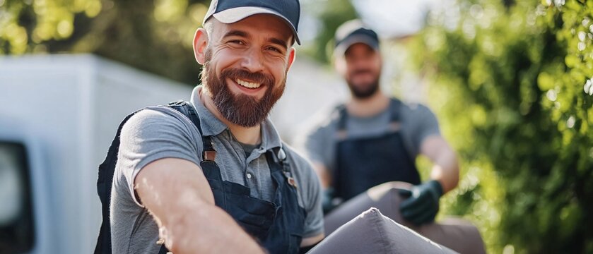 Professional Moving Team Safely Handling Stylish Sofa for Furniture Relocation Service
