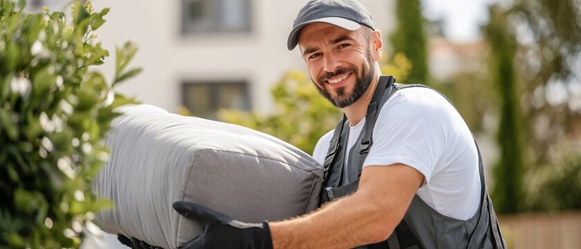 A Professional Male Moving Team Safely Transporting a Stylish Sofa, Exemplifying Trustworthy Furniture Relocation Service
