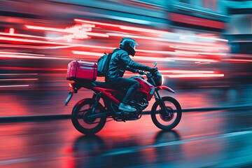 A delivery rider rides a motorcycle.