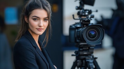 Naklejka premium Reporter standing next to camera