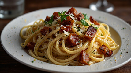A Plate Of Creamy Spaghetti Carbonara Topped With Crispy Pancetta And Freshly Grated Parmesan Cheese, Restaurant Food Menu Image