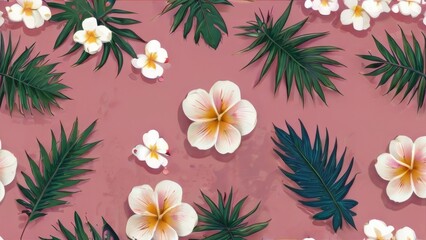 Obraz premium Exotic flowers and leaves on pink background, floral wallpaper, floral pattern