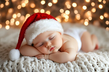 Newborn baby in Santa Claus hat. Merry Christmas.