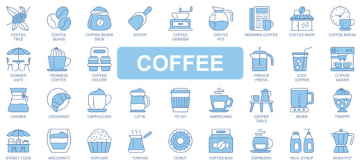 Coffee icons set in duotone outline stroke design for web. Pack pictograms of tree, beans, scoop, grinder, pot, shop, summer cafe, holder, french press, cappuccino, latte, other. Vector illustration.