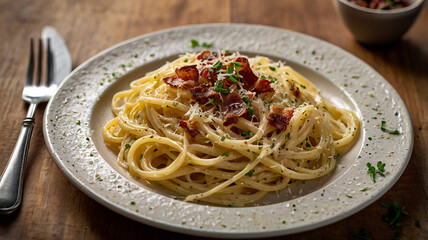 A Plate Of Creamy Spaghetti Carbonara Topped With Crispy Pancetta And Freshly Grated Parmesan Cheese, Restaurant Food Menu Image