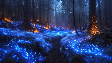 Glowing Bioluminescent Forest: A night forest illuminated by glowing bioluminescent plants and fungi, creating a magical and enchanting scene straight out of a fantasy world.