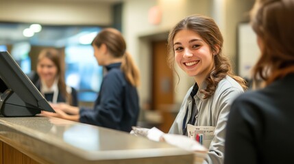 Bank staff are greeting customers with smiles at the service counter in the bank