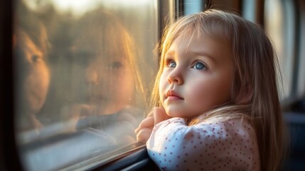 child girl looking out the window on a train