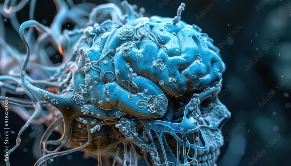 Fototapete abstract 3d rendering of a blue brain intertwined with organic structures against a dark background