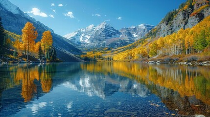 Obraz premium Mountain Lake Reflection: A serene mountain lake perfectly reflecting the surrounding peaks and trees, creating a peaceful and symmetrical natural scene. 