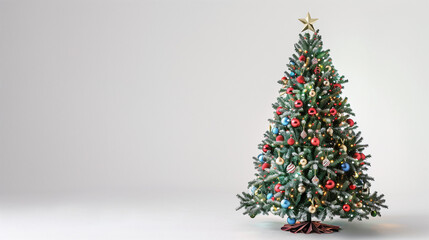 Decorated Christmas tree with ornaments and lights, festive holiday display on white background with copy space