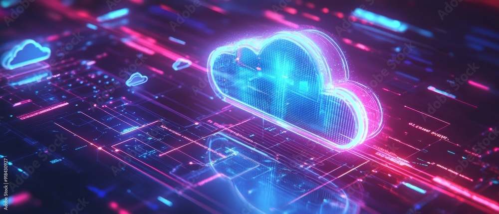 Aufkleber Futuristic Cloud Computing. Glowing Data Network and Connectivity