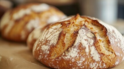 Detailed shot of homemade sourdough bread, with focus on its crusty exterior and soft interior, ideal for culinary inspiration.