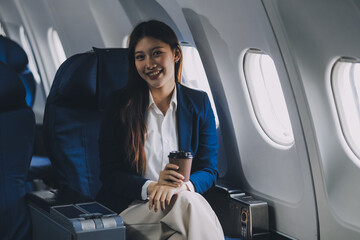 Young Asian female tourist traveling alone on a plane is drinking hot coffee and looking out the window.