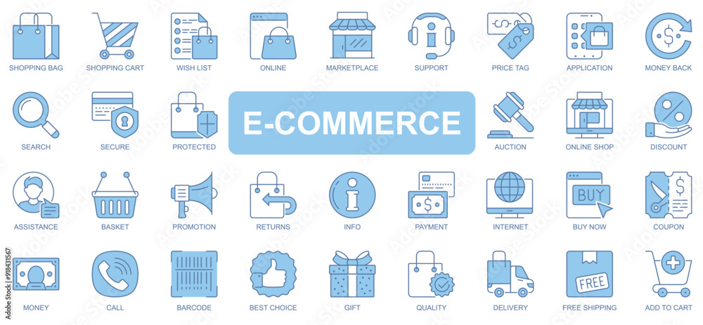 Poster e-commerce icons set in duotone outline stroke design for web. pack pictograms of shopping bag, cart