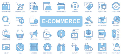 Fototapeta premium E-commerce icons set in duotone outline stroke design for web. Pack pictograms of shopping bag, cart, wish list, marketplace, support, price tag, search, auction, shop, other. Vector illustration.